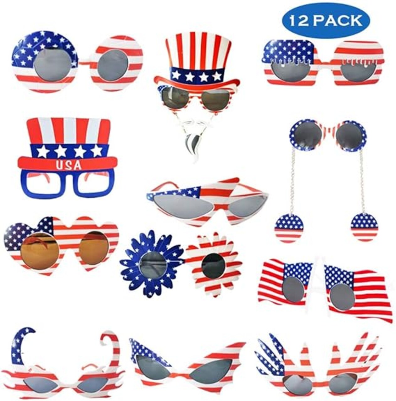 Pack of American Flag Sunglasses, USA Patriotic Party Glasses and Masks, Fun Plastic Eyewear for 4th of July, Independence Day, and Party Photo Props